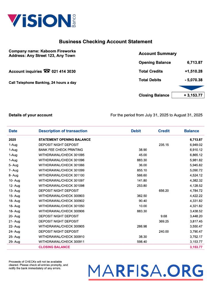 Blank Paraguay Vision Banco enterprise statement Word and PDF template
